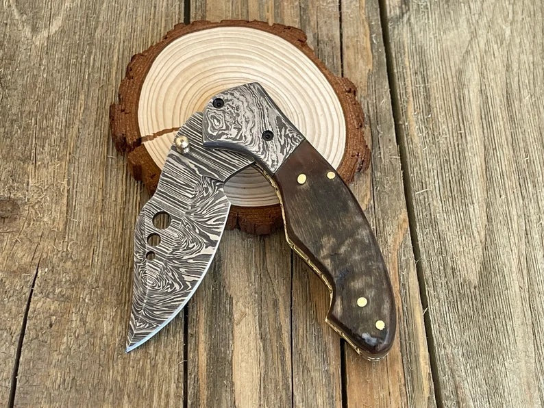 Hand-Forged Damascus Steel Folding Pocket Knife | Ram Horn Handle & Damascus Steel Bolster