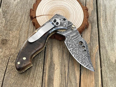 Hand-Forged Damascus Steel Folding Pocket Knife | Ram Horn Handle & Damascus Steel Bolster