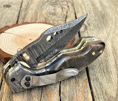 Hand-Forged Damascus Steel Folding Pocket Knife | Ram Horn Handle & Damascus Steel Bolster