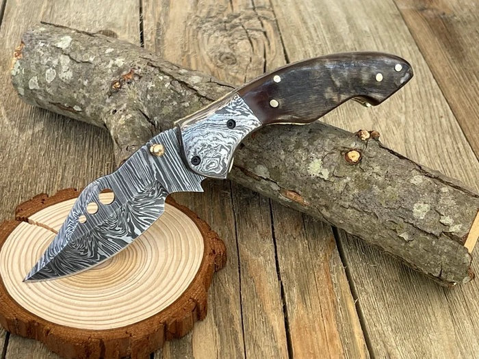 Hand-Forged Damascus Steel Folding Pocket Knife | Ram Horn Handle & Damascus Steel Bolster