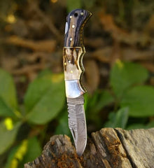Hand-Forged Damascus Steel Unique Style Folding Knife | Antler Stag With Pakka Wood Handle