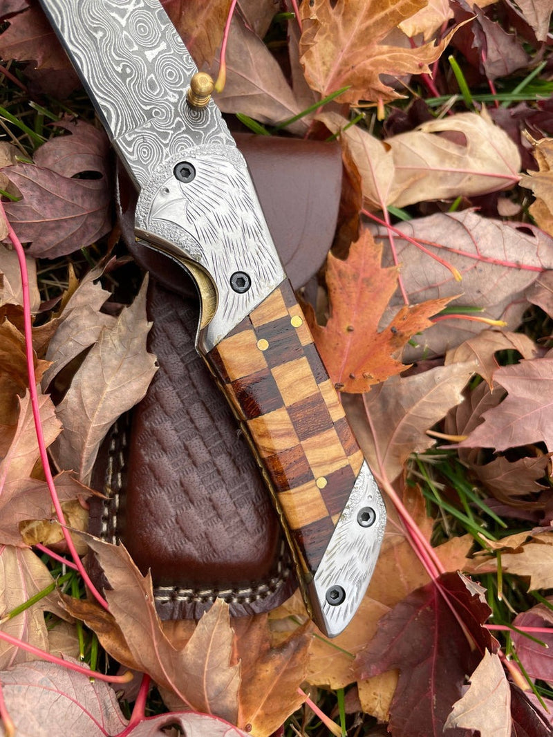 Premium Handmade Damascus Folding Knife | Raven Engraved Bolster with Olive and Rosewood Handle