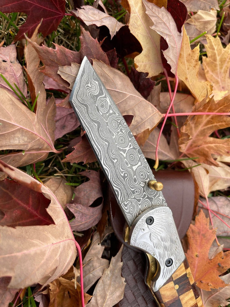 Premium Handmade Damascus Folding Knife | Raven Engraved Bolster with Olive and Rosewood Handle