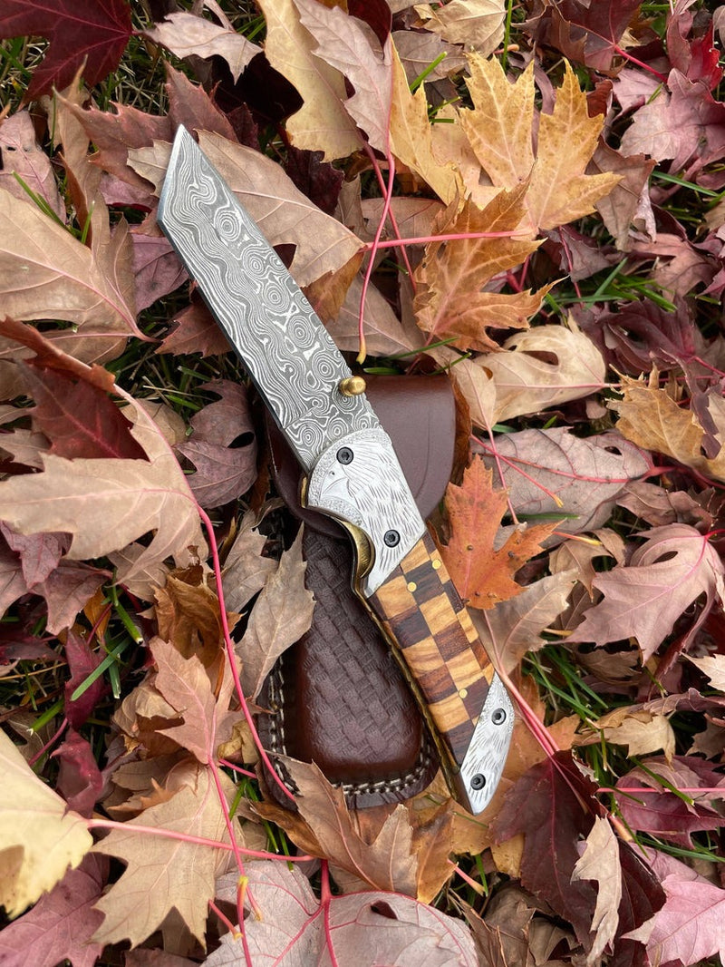 Premium Handmade Damascus Folding Knife | Raven Engraved Bolster with Olive and Rosewood Handle