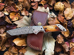 Forged Damascus Steel Folding Pocket Knife Tanto Blade | Camel Bone Handle With Engraved Raven Handle