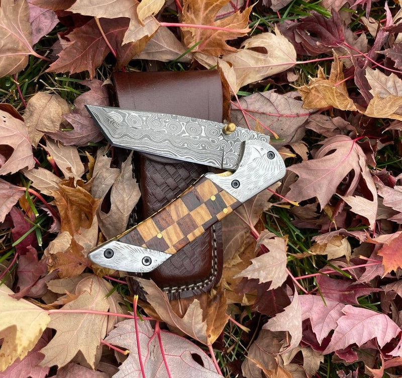 Premium Handmade Damascus Folding Knife | Raven Engraved Bolster with Olive and Rosewood Handle