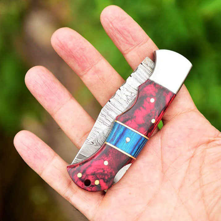 Damascus Steel Back Lock Folding Knife | Survivals Knife | Epoxy Resin With Paka Wood Handle