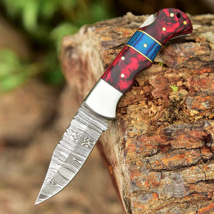 Damascus Steel Back Lock Folding Knife | Survivals Knife | Epoxy Resin With Paka Wood Handle