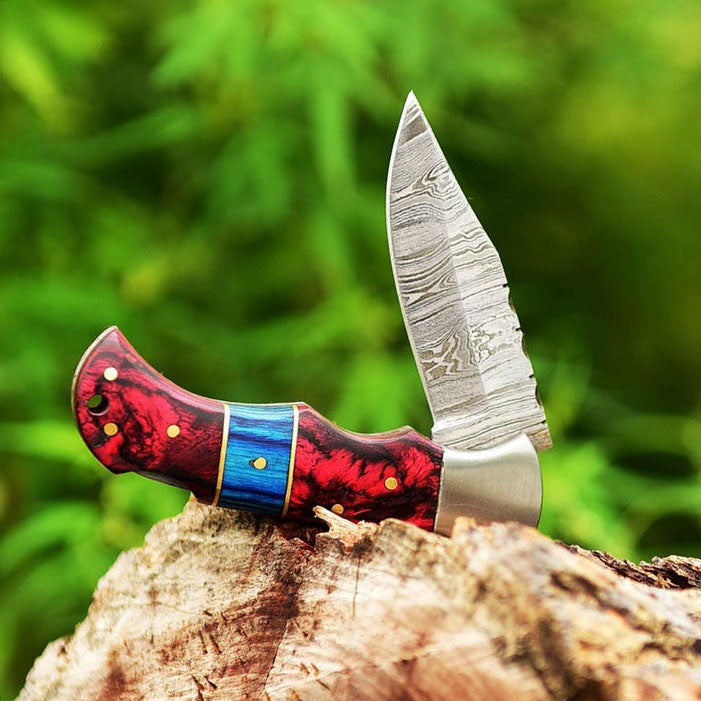 Damascus Steel Back Lock Folding Knife | Survivals Knife | Epoxy Resin With Paka Wood Handle