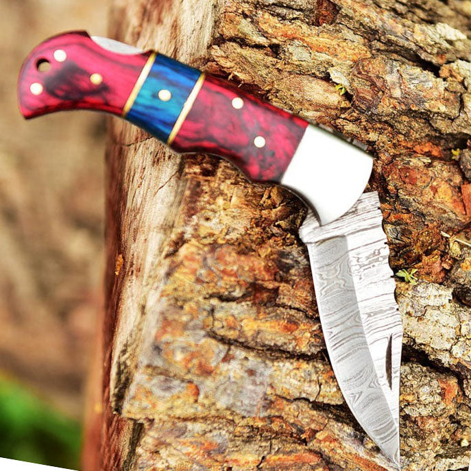 Damascus Steel Back Lock Folding Knife | Survivals Knife | Epoxy Resin With Paka Wood Handle