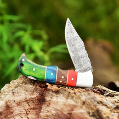 Damascus Steel Back Lock Folding Knife | Camping Knife |  Paka Wood Handle