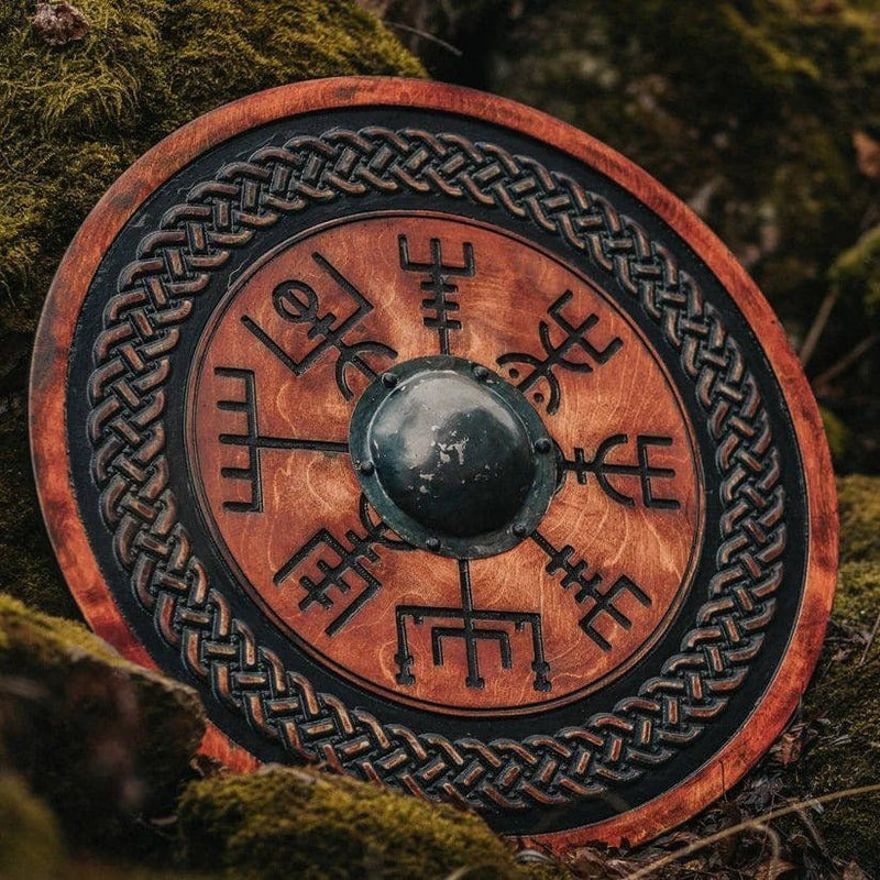 Handmade Viking Shield with Vegvisir Carved Symbol Shield– Plywood Design with Stainless Steel Boss