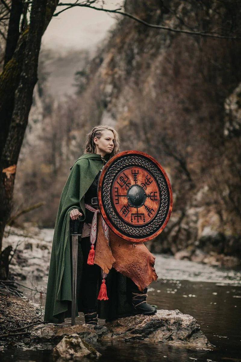 Handmade Viking Shield with Vegvisir Carved Symbol Shield– Plywood Design with Stainless Steel Boss