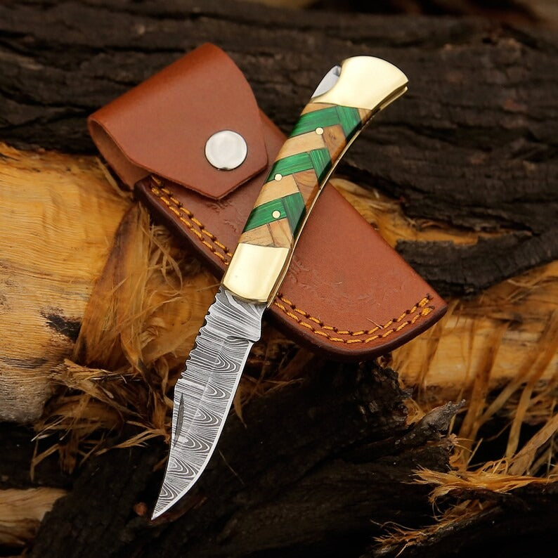 Handmade Damascus Steel Folding Pocket Knife with Zig Zag Green Design and Leather Sheath