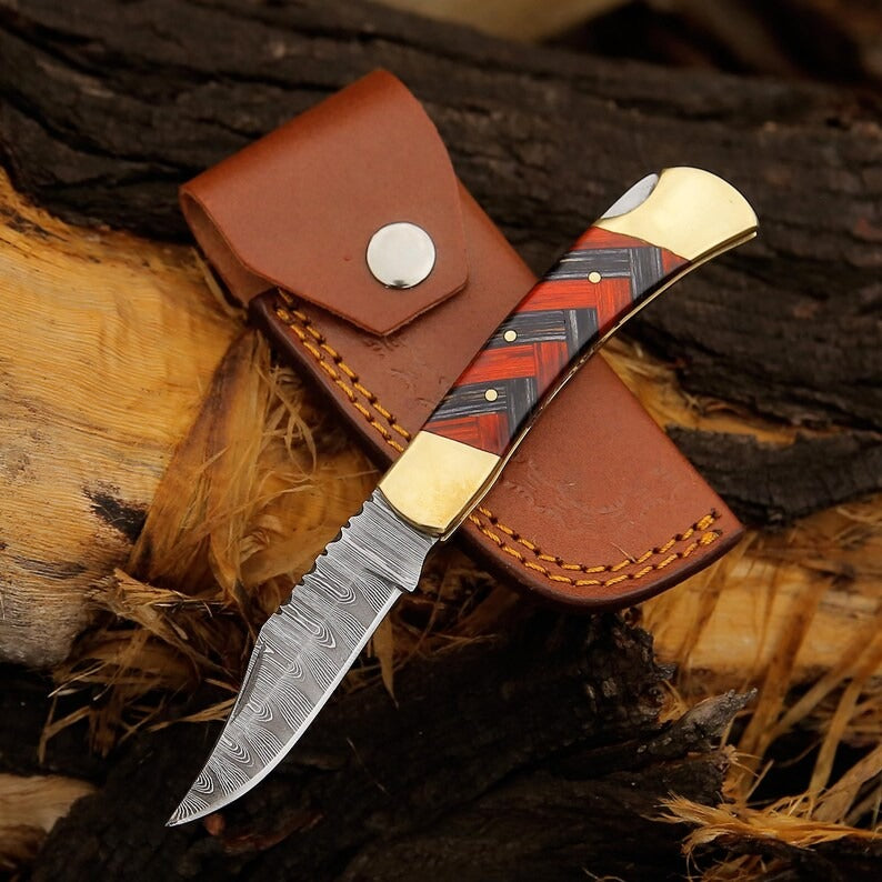 Damascus Steel Folding Pocket Knife | Black and Red Edition with Premium Brass Bolster