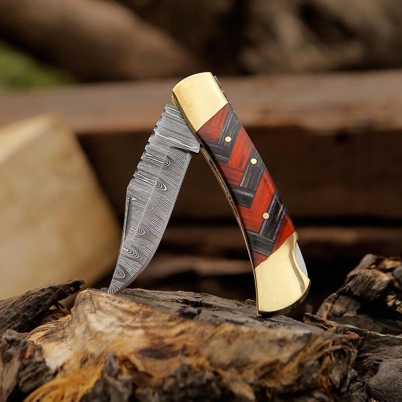 Damascus Steel Folding Pocket Knife | Black and Red Edition with Premium Brass Bolster