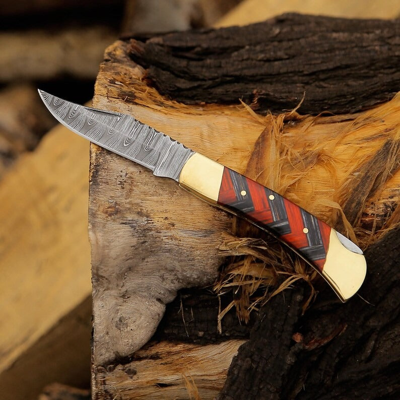 Damascus Steel Folding Pocket Knife | Black and Red Edition with Premium Brass Bolster