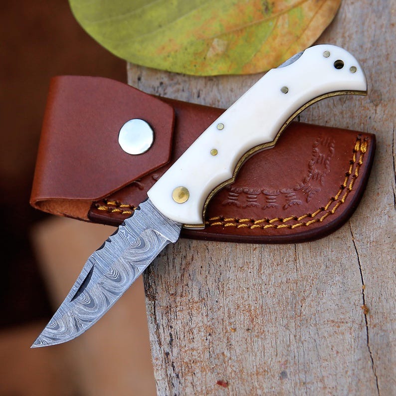 Handmade Damascus Steel Camel Bone Handle Folding Pocket Knife | Premium Style Knife