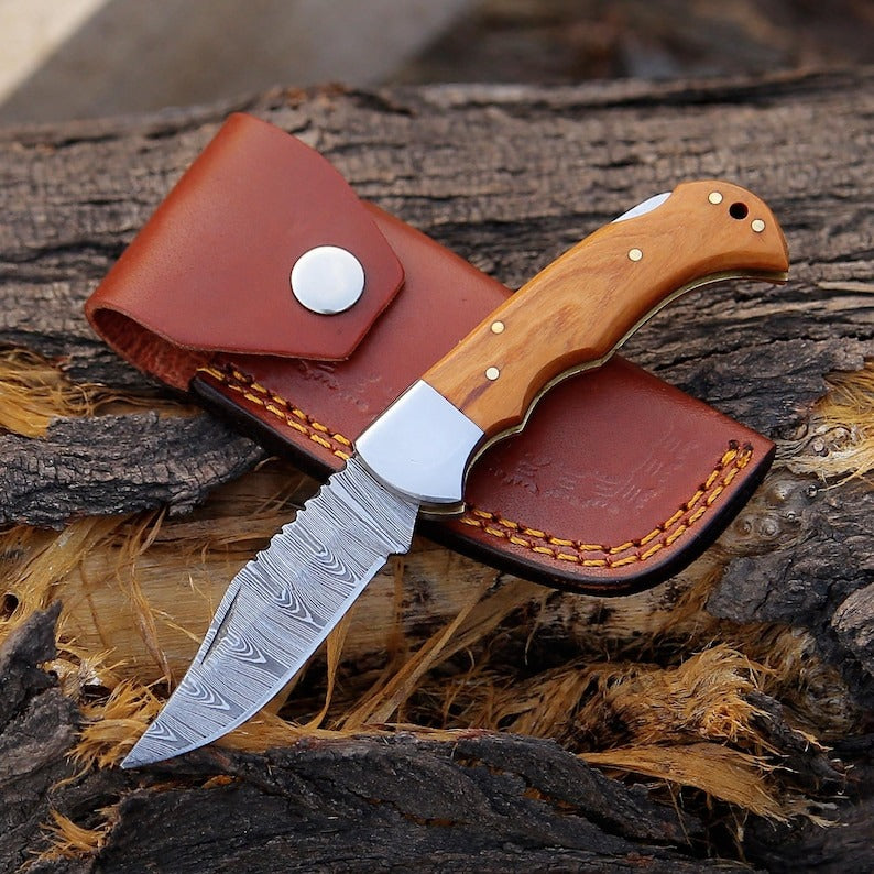 Hand-Forged Damascus Steel Folding Pocket Knife with Olive Wood Handle With Leather Sheath