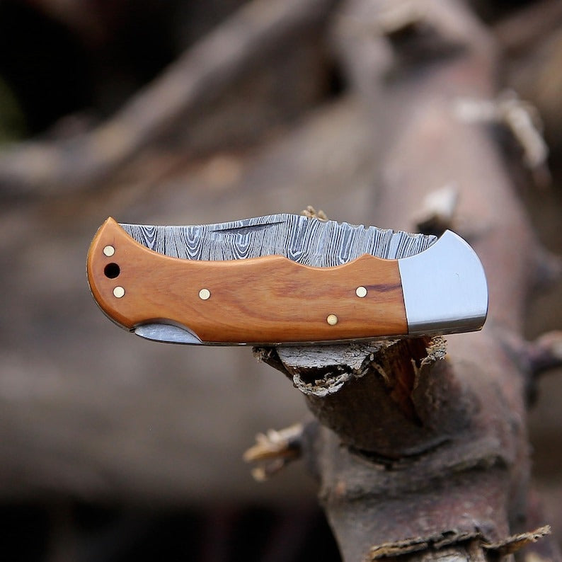 Hand-Forged Damascus Steel Folding Pocket Knife with Olive Wood Handle With Leather Sheath