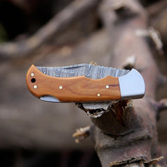 Hand-Forged Damascus Steel Folding Pocket Knife with Olive Wood Handle With Leather Sheath