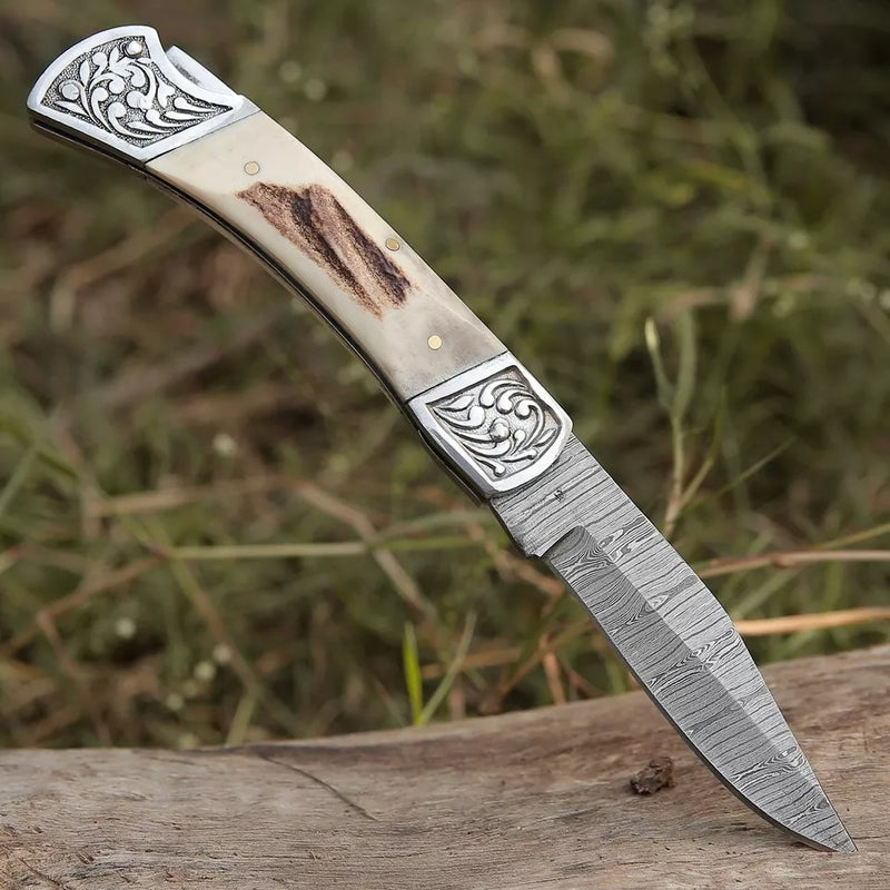 Handmade Damascus Steel Folding Pocket Knife | Antler Stag Handle with Stainless Steel Engraved Bolster