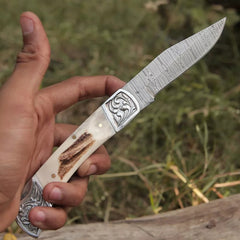 Handmade Damascus Steel Folding Pocket Knife | Antler Stag Handle with Stainless Steel Engraved Bolster