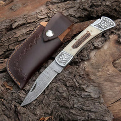 Handmade Damascus Steel Folding Pocket Knife | Antler Stag Handle with Stainless Steel Engraved Bolster