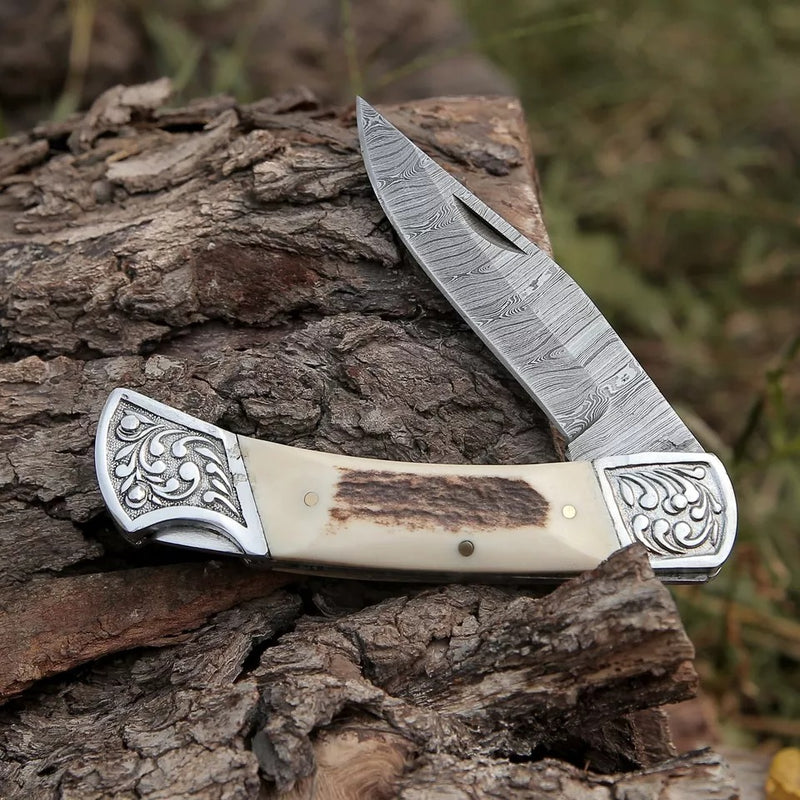 Handmade Damascus Steel Folding Pocket Knife | Antler Stag Handle with Stainless Steel Engraved Bolster