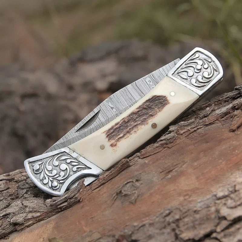 Handmade Damascus Steel Folding Pocket Knife | Antler Stag Handle with Stainless Steel Engraved Bolster