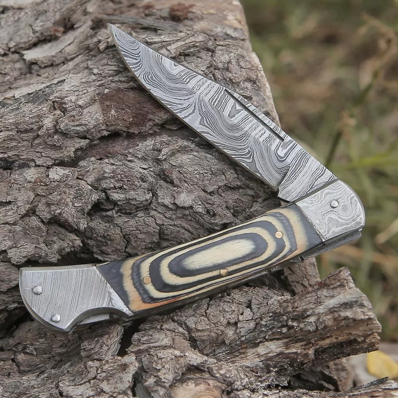 Hand-Forged Damascus Steel EDC Folding Pocket Knife – Yellow & Black Edition | Pakka Wood Handle with Damascus Steel Bolster