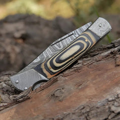 Hand-Forged Damascus Steel EDC Folding Pocket Knife – Yellow & Black Edition | Pakka Wood Handle with Damascus Steel Bolster