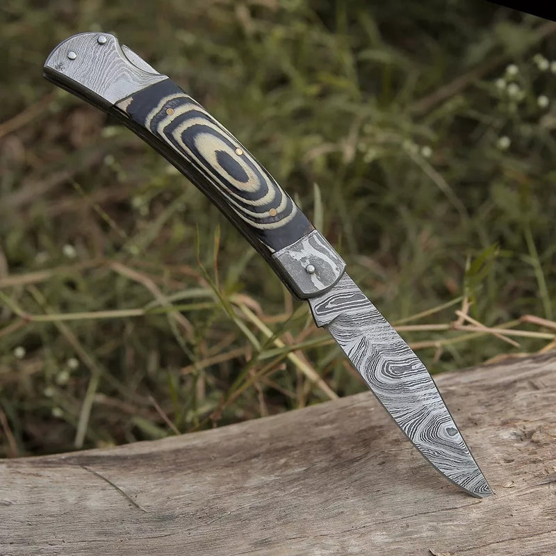 Hand-Forged Damascus Steel EDC Folding Pocket Knife – Yellow & Black Edition | Pakka Wood Handle with Damascus Steel Bolster