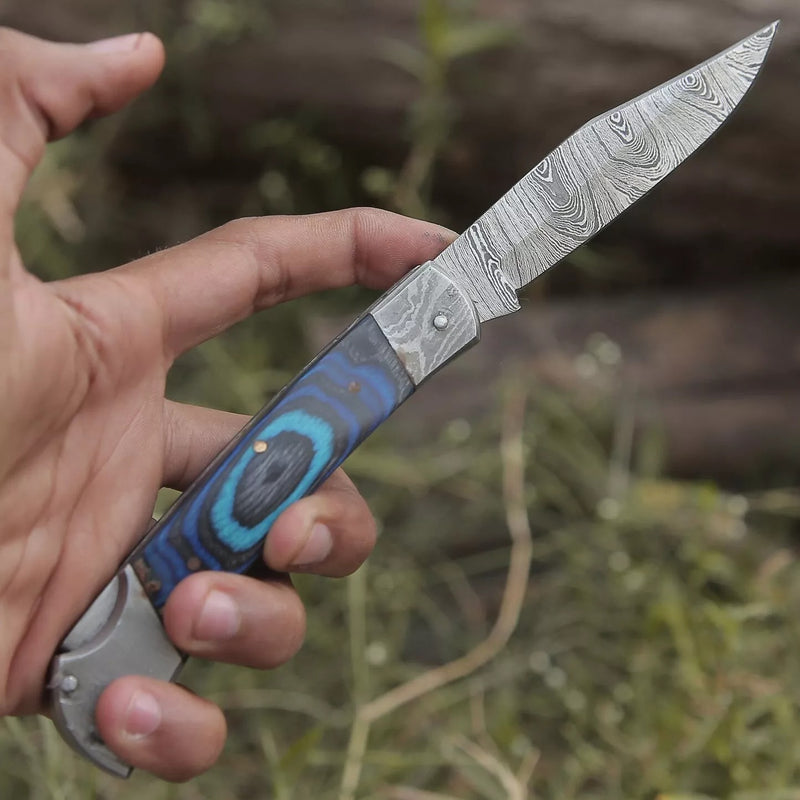 Hand-Forged Damascus Steel EDC Folding Pocket Knife – Blue Edition | Pakka Wood Handle with Damascus Steel Bolster