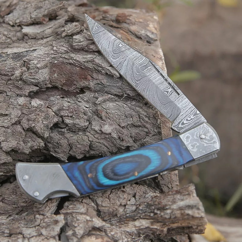 Hand-Forged Damascus Steel EDC Folding Pocket Knife – Blue Edition | Pakka Wood Handle with Damascus Steel Bolster