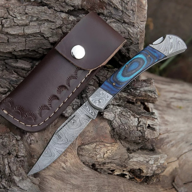 Hand-Forged Damascus Steel EDC Folding Pocket Knife – Blue Edition | Pakka Wood Handle with Damascus Steel Bolster