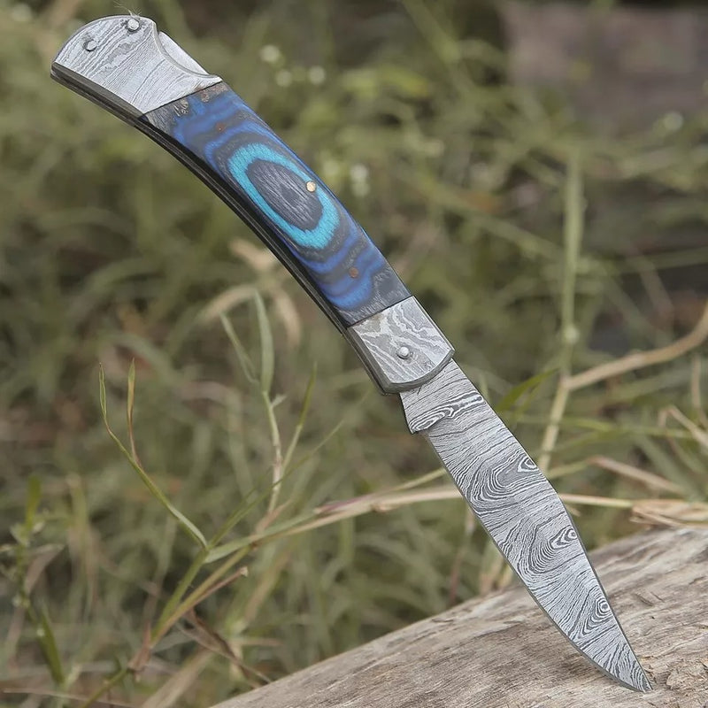 Hand-Forged Damascus Steel EDC Folding Pocket Knife – Blue Edition | Pakka Wood Handle with Damascus Steel Bolster