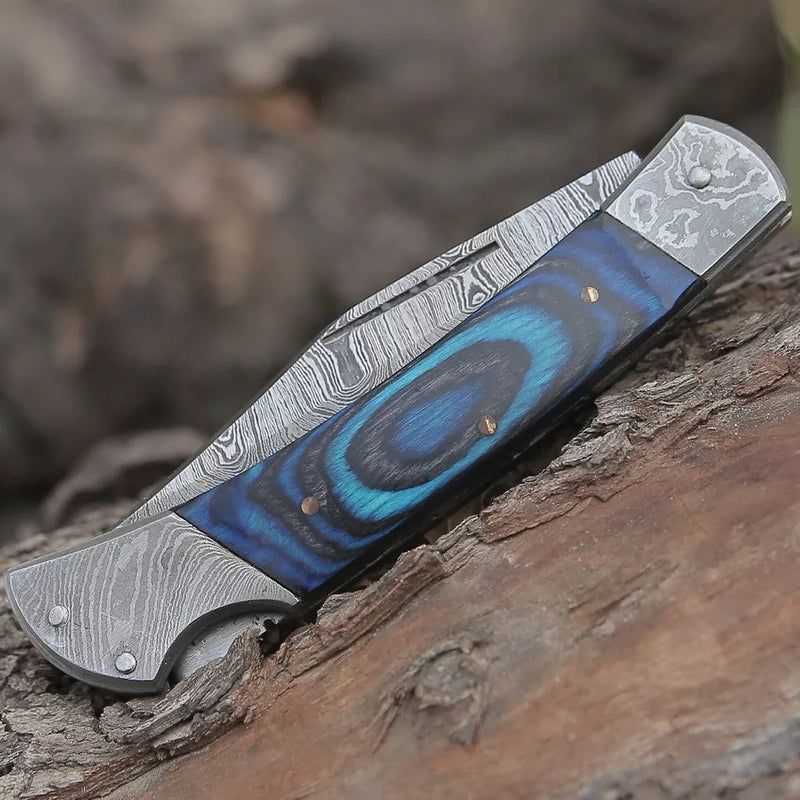 Hand-Forged Damascus Steel EDC Folding Pocket Knife – Blue Edition | Pakka Wood Handle with Damascus Steel Bolster