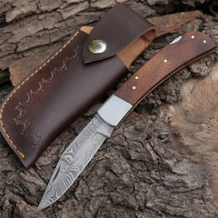 Hand-Forged Damascus Steel EDC Folding Pocket Knife with Rosewood Handle