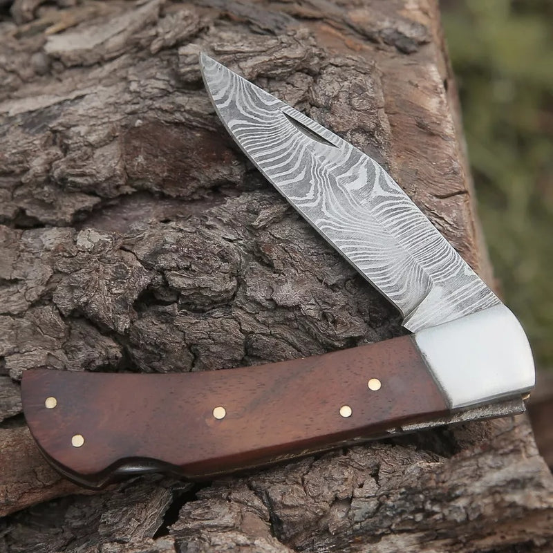 Hand-Forged Damascus Steel EDC Folding Pocket Knife with Rosewood Handle