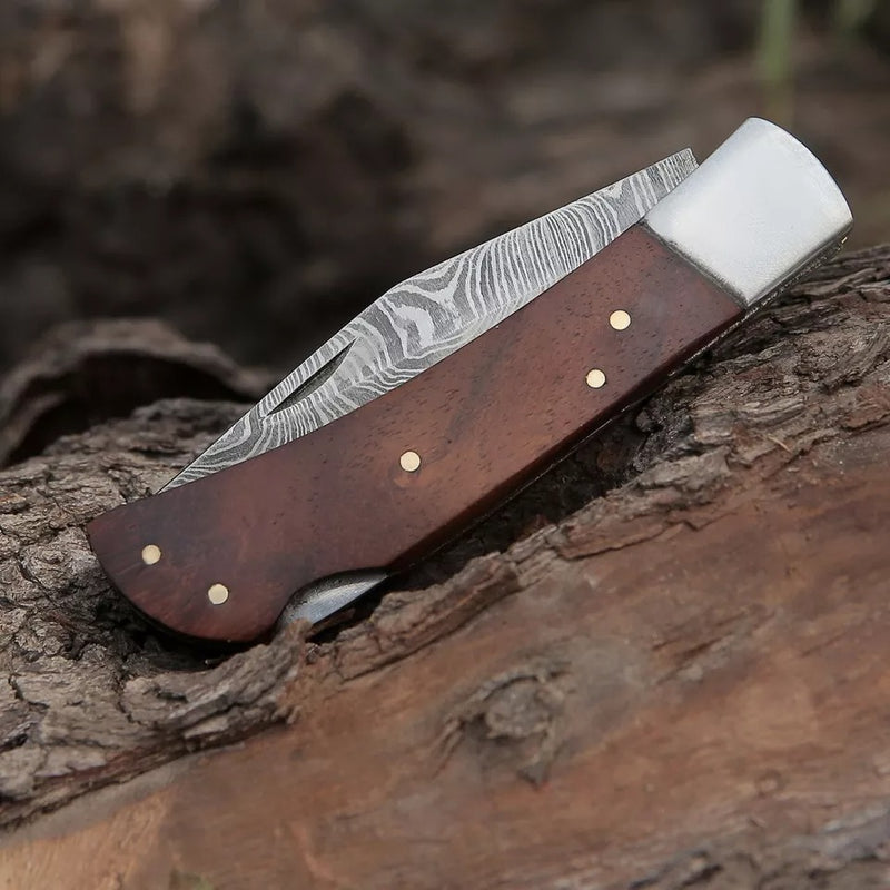 Hand-Forged Damascus Steel EDC Folding Pocket Knife with Rosewood Handle