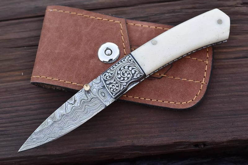 Damascus Steel Folding Pocket knife 8"inches Under Lock | Engraved Bolster With Camel Bone Handle