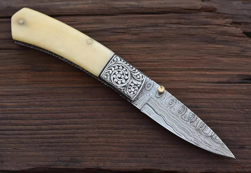 Damascus Steel Folding Pocket knife 8"inches Under Lock | Engraved Bolster With Camel Bone Handle