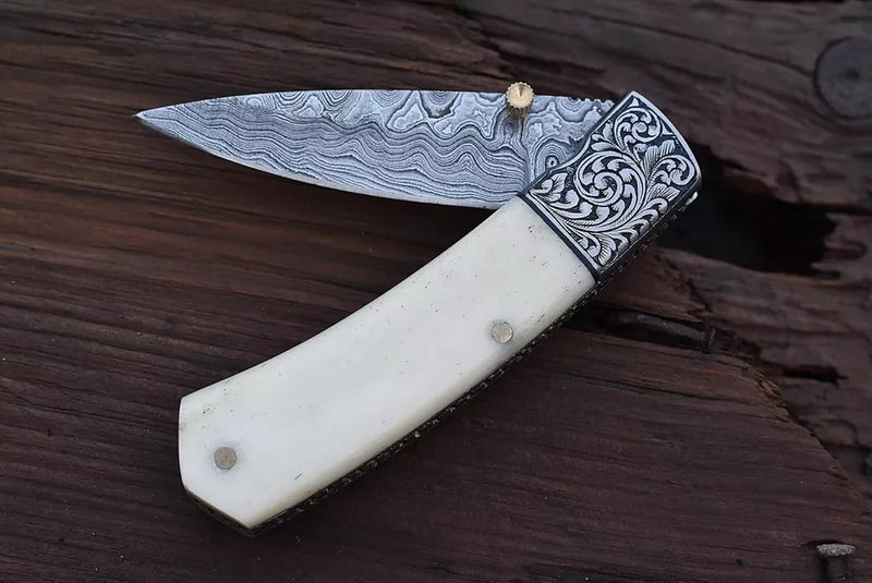 Damascus Steel Folding Pocket knife 8"inches Under Lock | Engraved Bolster With Camel Bone Handle