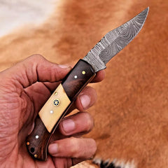 Damascus Steel Back Lock Folding Pocket Knife With Leather Sheath | Premium Edition Pocket Knife