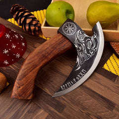 Handmade Viking Pizza Axe with Skull & Helm of Awe Design | Rosewood Handle Pizza Cutter