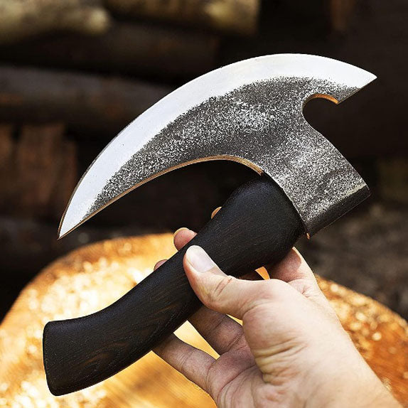 Hand-Forged Viking Pizza Axe with Wooden Handle | Artisan Blade Pizza Cutter