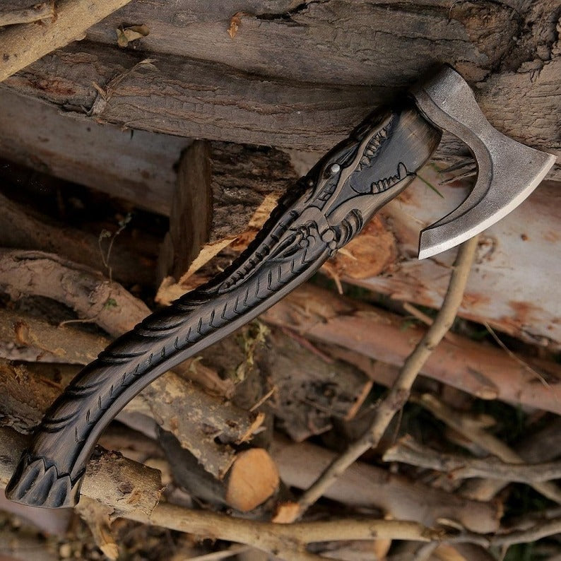 Hand Forged Dragon Craved Handle Axe, Viking Axe, Premium Style Axe