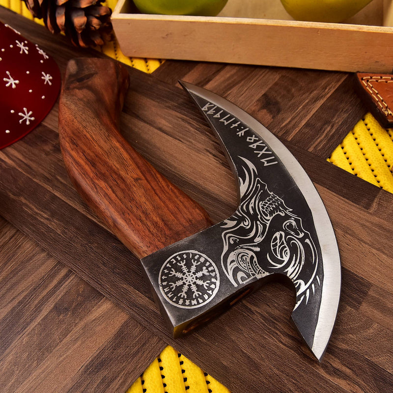 Handmade Viking Pizza Axe with Skull & Helm of Awe Design | Rosewood Handle Pizza Cutter