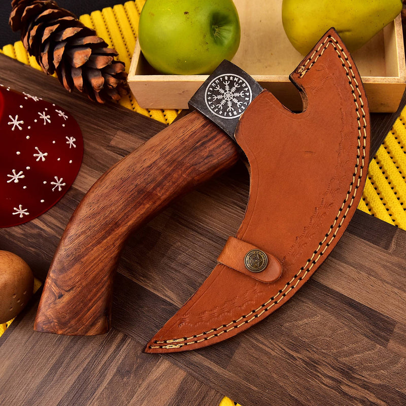 Handmade Viking Pizza Axe with Skull & Helm of Awe Design | Rosewood Handle Pizza Cutter